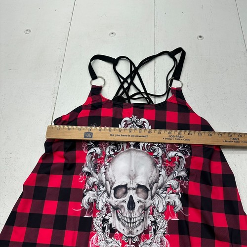 Rose Gal Red Black Plaid Skull Graphic Swim Tankini Top Women's Plus Size 3X NEW - Picture 5 of 6