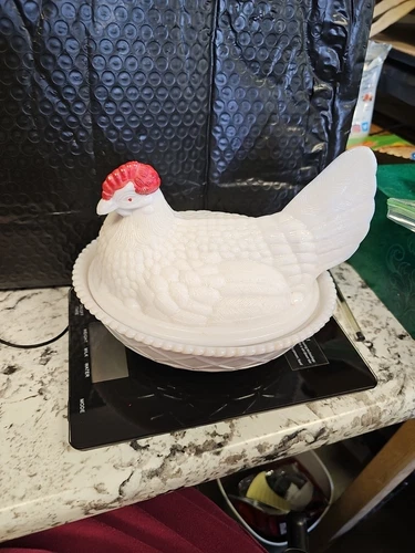 Nesting Hen Milk Glass Mark Inside Candy Dish, Trinket Box Decorative Vtg