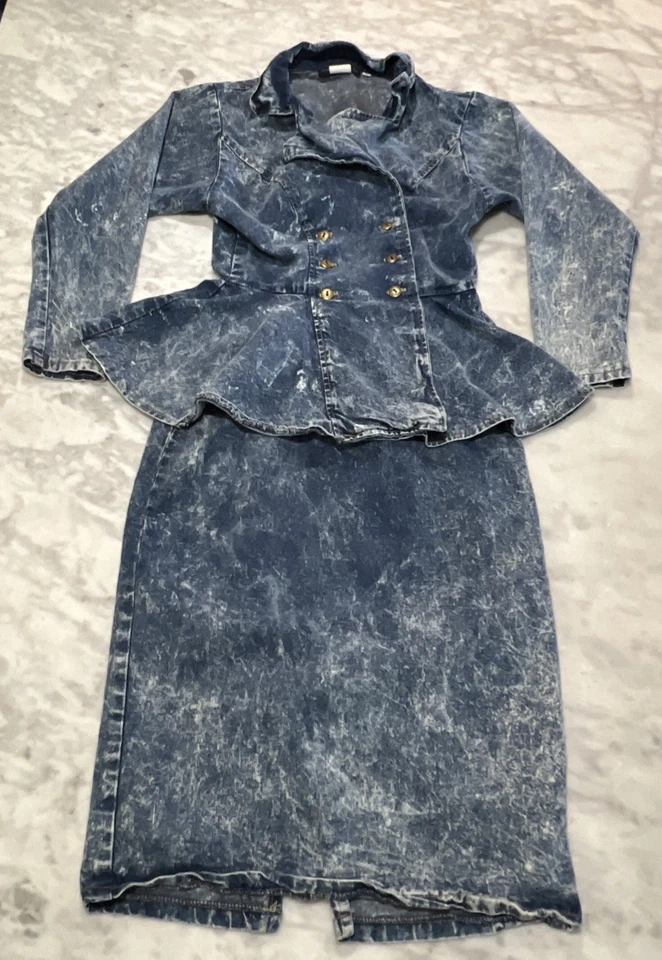 Vestido jeans vintage lavagem ácida peplum denim mexer tamanho 5 altura do joelho anos 80 casa de campo - Imagem 2 de 4