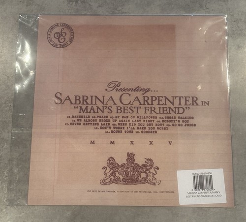 Sabrina Carpenter Man's Best Friend Standard CD + LP Größe signierte Kunstkarte NEU - Bild 4 von 5