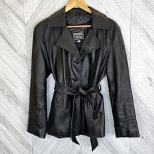 Vintage Leather Belted Jacket Womens Medium Black Y2K 90s Grunge Witchy Trench