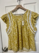 Blusa Jennifer & Grace Amarillo Mostaza Manga Acampanada 100% Algodón Talla XL NUEVA CON ETIQUETAS