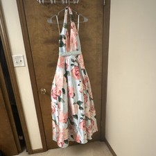 Light Blue Pink Green Satin Floral Halter Bow Beaded Waist Long Formal Dress