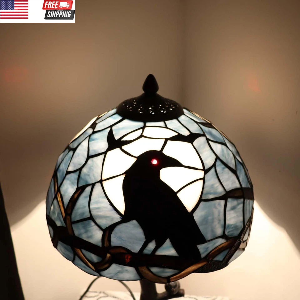 L10956 Corvo Sentado em Galho de Árvore Nu em Lua Cheia Noite Estilo Tiffany Staine - Imagem 3 de 4
