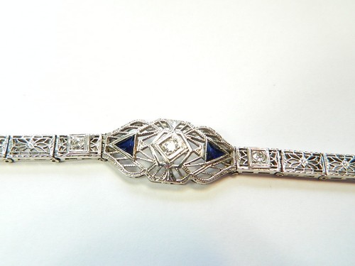 Art Deco 14K White Gold Filigree Diamond Sapphire Bracelet 6.5 in. 7.5 Grams - Picture 2 of 14