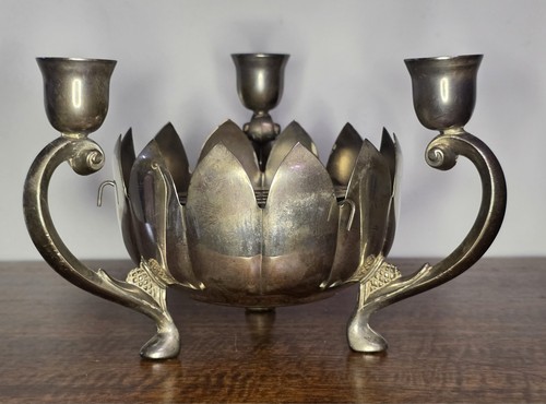 Vintage Silver Plate Lotus Flower Frog Candlabra Table Centerpiece - Picture 1 of 6
