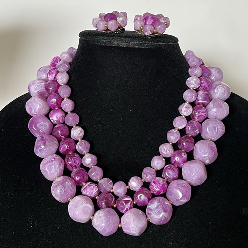 Set orecchini clip collana vintage triplo filo marmorizzato viola lucite 19" - Foto 4 di 17