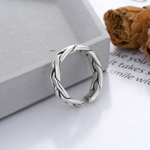 Echt einfarbig 925 Sterlingsilber Band Männer Frauen Geometrie Linie geflochtener offener Ring - Bild 6 von 11