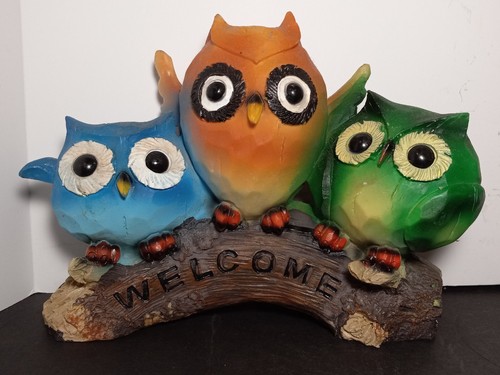 OWL Rustic Carved Wood Look WELCOME SIGN FIGURINE Home Decor Resin - Picture 1 of 12