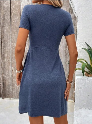 Mujeres Verano Algodón Cuello en V Vestido Acanalado Informal Manga Corta Vestidos Midi Talla UK - Imagen 13 de 29
