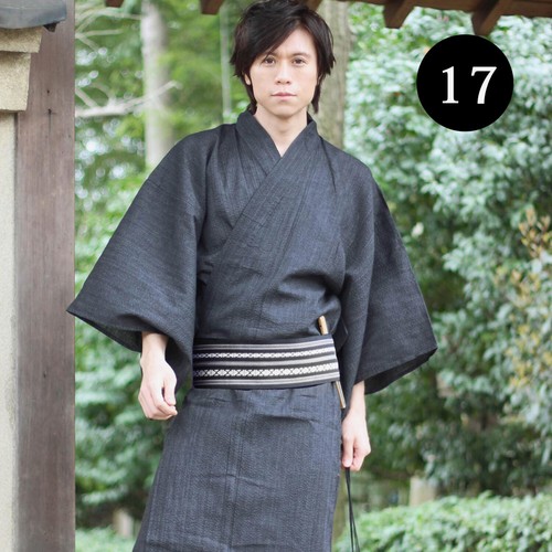 Japanese Men's Kimono Yukata and Obi Belt Set Size L Black Blue wn - Picture 4 of 7
