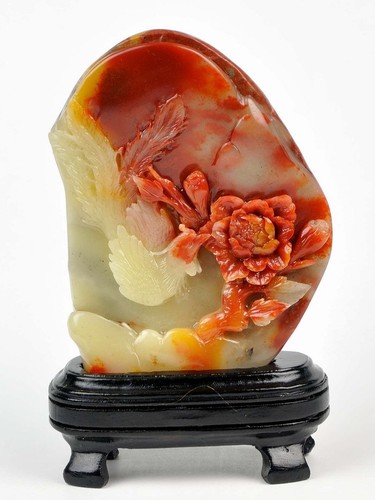 Natürliche ShouShan Stein Phönix Pfingstrose Statue/Vogel Blume Schnitzerei Skulptur - Bild 1 von 6