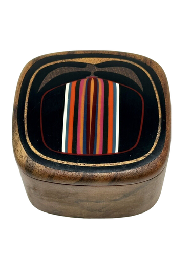 Mid Century Robert McKeown Vintage Wood Inlaid Resin Trinket Stamp Box 1978
