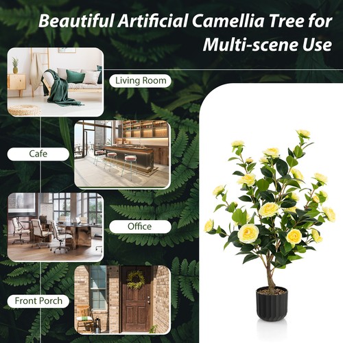 2-Pack 38" Artificial Camellia Tree Decor Faux Floral Plant in Cement Pot Yellow - Picture 4 of 7