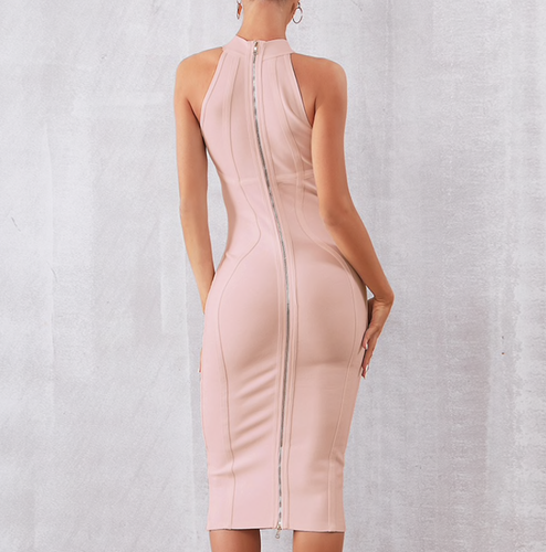 ¡NUEVO! VESTIDO DE DISEÑO DE ALTA COSTURA BEIGE DE CUELLO ALTO VENDAJE BAJO DETALLE DE BUSTO ELEGANTE - Imagen 5 de 7