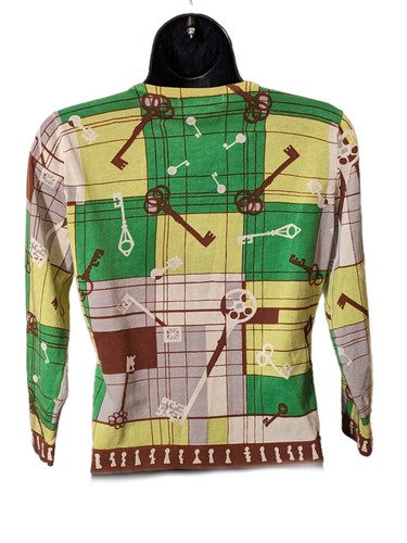 Cabi 861 Size S Green Brown Cardigan Button Up Key Print - Picture 2 of 3