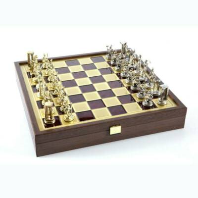 Manopoulos Minoan Period Chess Set - Brass Nickel Pawns - Red Wooden case Board