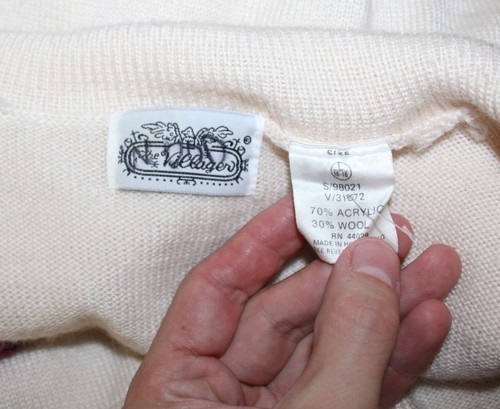 Villager Vtg 80s 90s Sz L Kawaii Cottagecore Wool Embroidered Ivory Cardigan - Picture 9 of 9