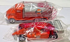 HOT WHEELS GULF  TANKER TRUCK  & TURBO STREAK  PROMO  SEALED BAGGIES ( 2 ) CARS
