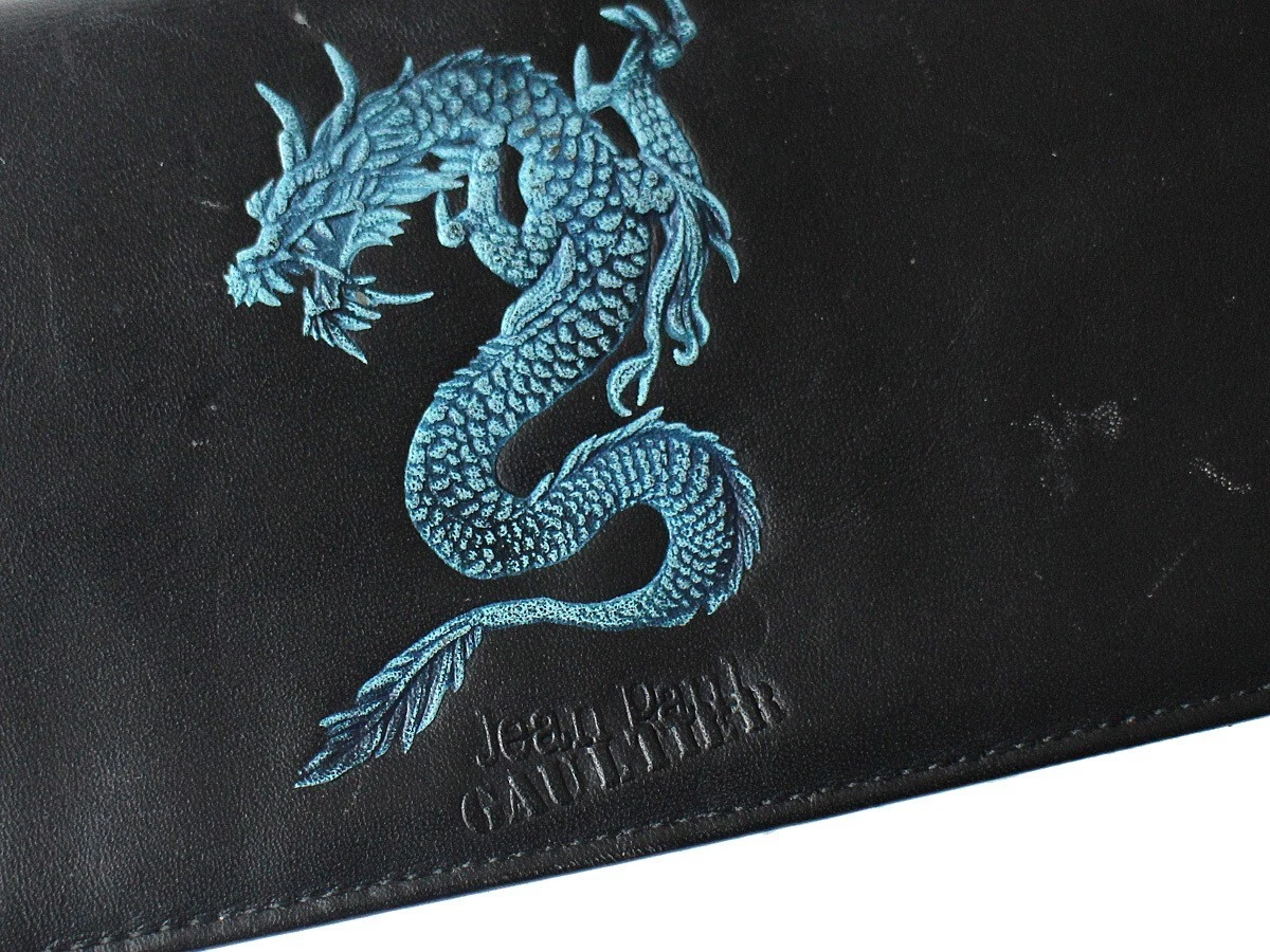 Jean Paul Gaultier RARE Blue Dragon Black Leather Long Wallet with Coin Purse