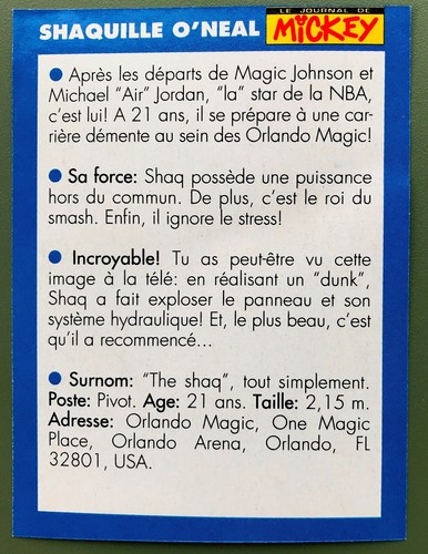 NBA STAR VERY RARE ROOKIE CARD 1992 SHAQUILLE SHAQ O'NEAL ORLANDO FRENCH REVUE - Photo 2 sur 2