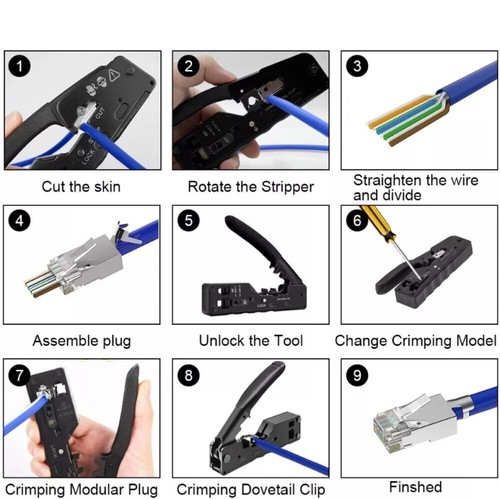 RJ45 Crimpzange + 12 Cat 7 Stecker Netzwerk Werkzeug Lan Kabel Zange Cat 7/6 - Afbeelding 7 van 13