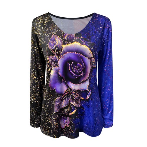 Womens Rose Gothic Tops Summer T Shirts Long Sleeve Ladies Casual Loose Blouse - Bild 5 von 14