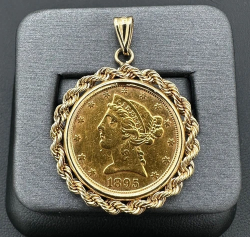 1895 P $5 Liberty Head Gold Half Eagle Coin & 14kt Rope Bezel/Pendant 4mm Bale