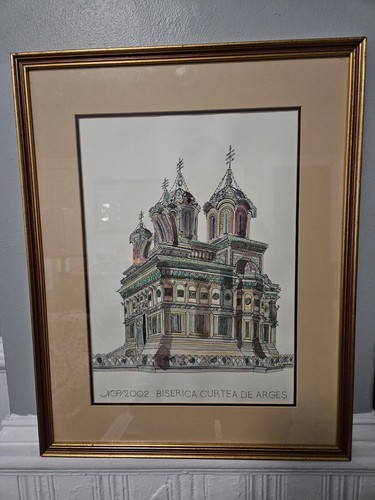 George-Paul Mihail 2002 Framed Original Watercolor Biserica Curtea De Arges - Picture 1 of 8