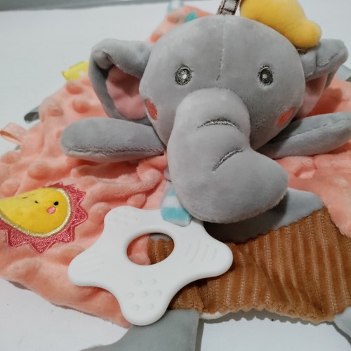 Elephant Lovey Rattle Teether Security Blanket Plush With Crinkle Ears - Picture 3 of 9