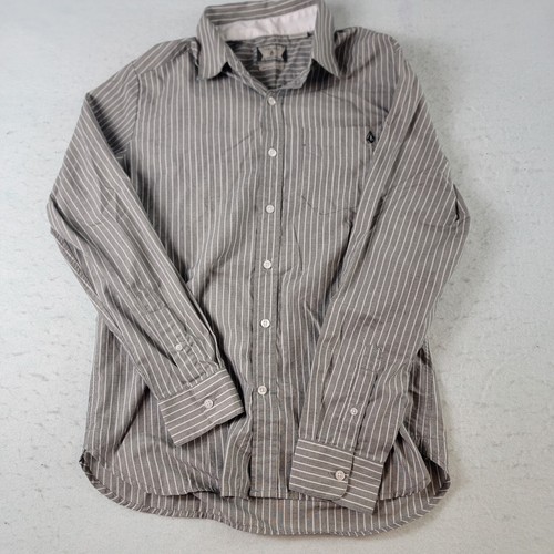 VOLCOM MEN'S BUTTON UP SHIRT SIZE SMALL GRAY WHITE STRIPE COTTON BLEND - Picture 2 of 7