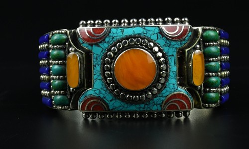 Exquisite noble tibet silver copper inlay natural turquoise flower bracelet - Picture 4 of 9