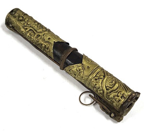 Antiguo juego de comer trousse chino mongol Qing estuche solo cuero latón BB758 - Imagen 3 de 8