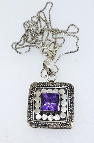 925 Amethyst Sterling Silver Pendant with 48cm fine box chain