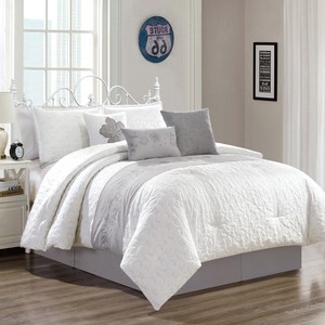 Chezmoi Collection 7-Piece Gray White Chic Floral Embroidered Comforter Set