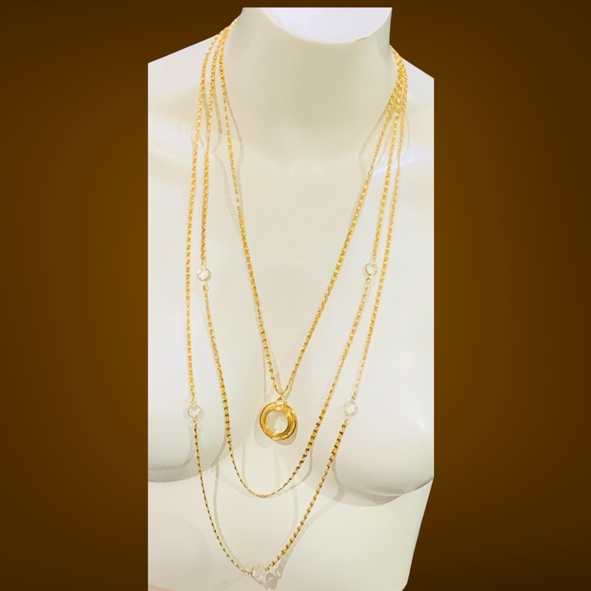 Vintage Goldette 3 Strand Gold Tone Intaglio Cameo Crystal 