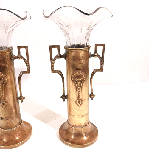 Pair Jugendstil Art Nouveau Trumpet Flower Epergne Vases Brass w/ Glass Inserts - Picture 3 of 10