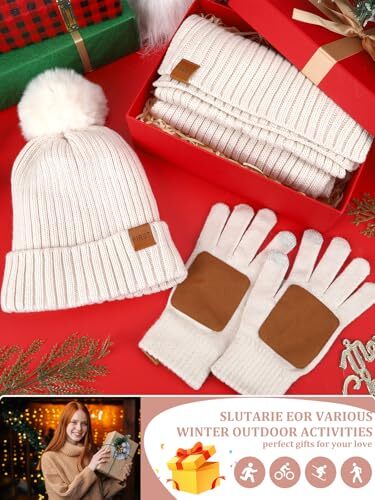 Winter Beanie Hat Scarf Gloves Set, Fleece Lined Beanie Pom Long Scarf Beige - Picture 8 of 8