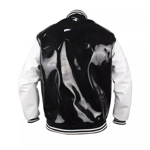 Men's Letterman Varsity Bomber Black & White Sleeves Vinyl PVC Leather Jacket - Picture 2 of 5