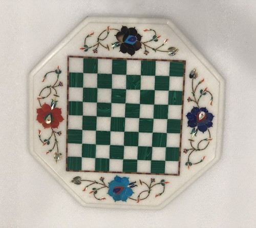 12" White Marble Onxy Chess Game Set Table Multi Stone Floral Inlay Art Room Dec