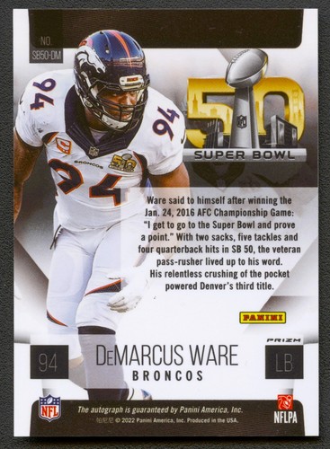 DeMARCUS WARE 2022 SUPER BOWL 50 SIGNATURES DENVER BRONCOS AUTO AUTOGRAPH - Imagen 2 de 2