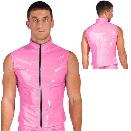 Chaleco de charol de aspecto húmedo para hombres Chaleco con cuello alto Cremallera Prendas para el torso sin mangas - Imagen 29 de 43