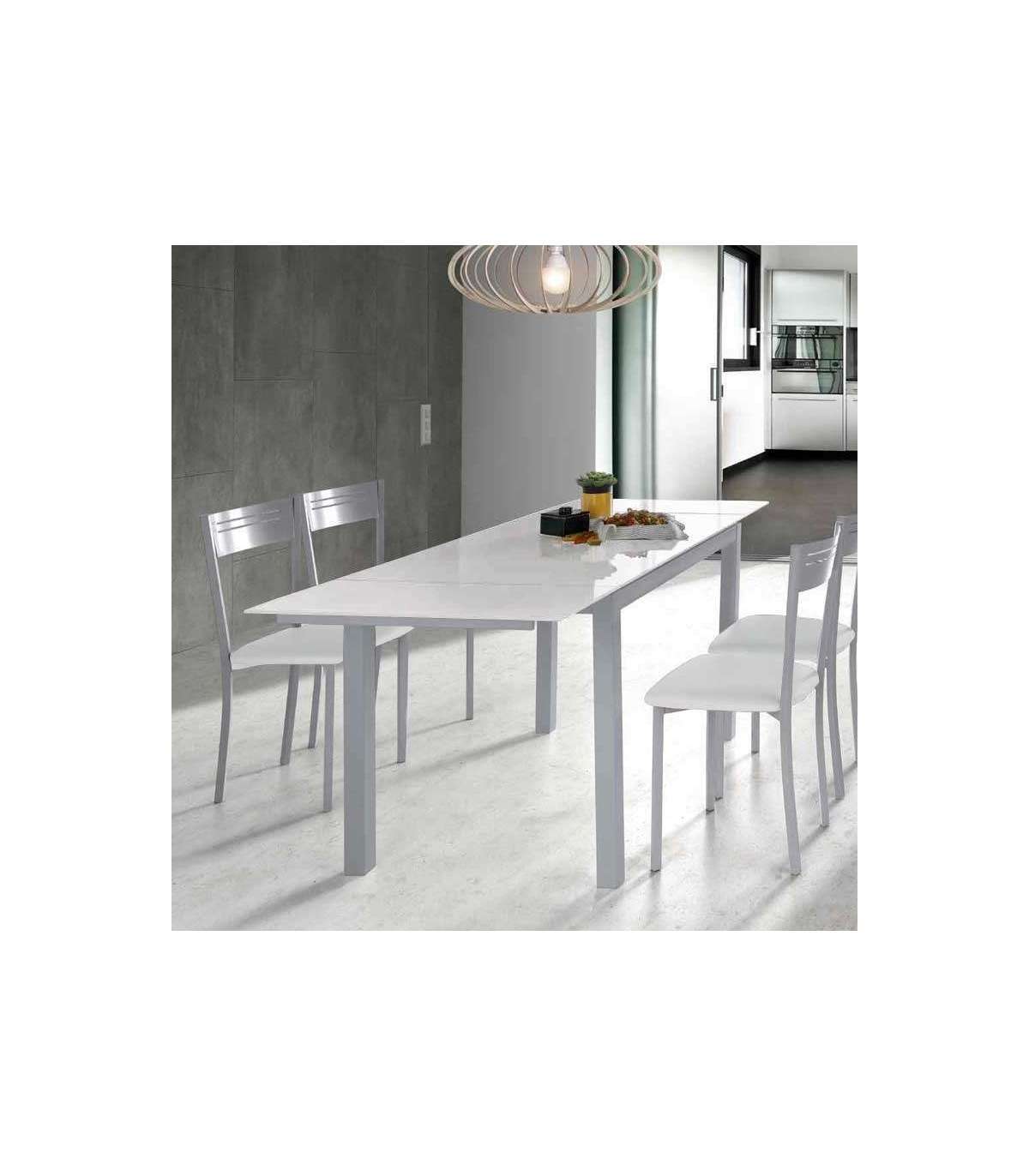 HISPANO HOGAR, Mesa para cocina extensible acabado cristal blanco, 76.5 cm(alto)