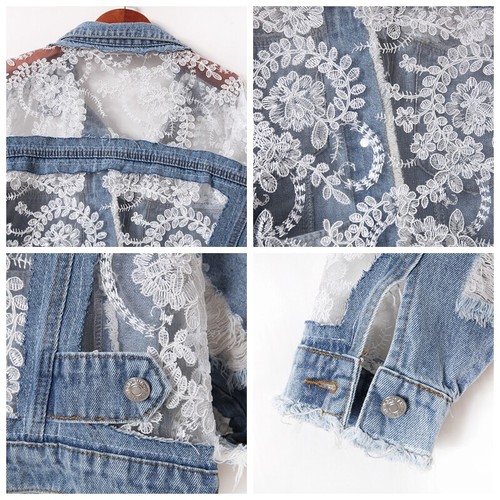 Lady Floral Lace Denim Jacket Coat Embroidery Loose Ripped Tops Outerwear Summer - Picture 10 of 12