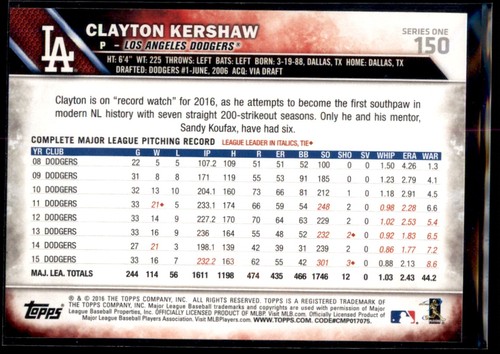 2016 Topps Clayton Kershaw Los Angeles Dodgers #150 - Picture 2 of 2