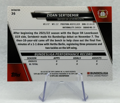 Zidan Sertdemir 2022 Topps Chrome Bundesliga Refractor #36 RC Bayer Leverkusen - Picture 2 of 2