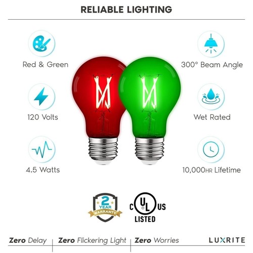 Luxrite A19 Christmas LED Red and Green Light Bulbs 4.5W=60W UL E26 6 Pack - Picture 6 of 7