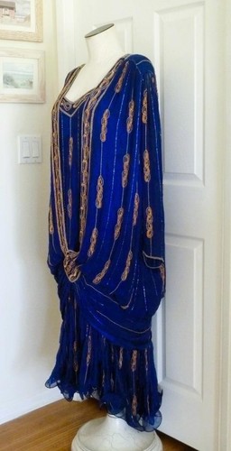 Judith Ann Spectacular vtg 80s Beaded Silk 20s Gatsby Layered Batwing Gown XL 1X - Picture 16 of 24