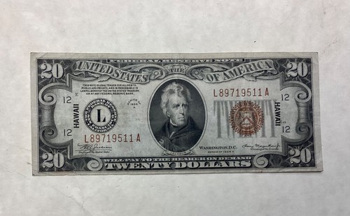 1934 A $20 DOLLARS - HAWAII OVERPRINT WW II ERA FEDERAL RESERVE NOTE cd