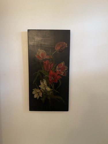 ANTIQUE VICTORIAN FLORAL TULIPS OIL PAINTING ON WOOD BOARD YELLOW RED UNSIGNED